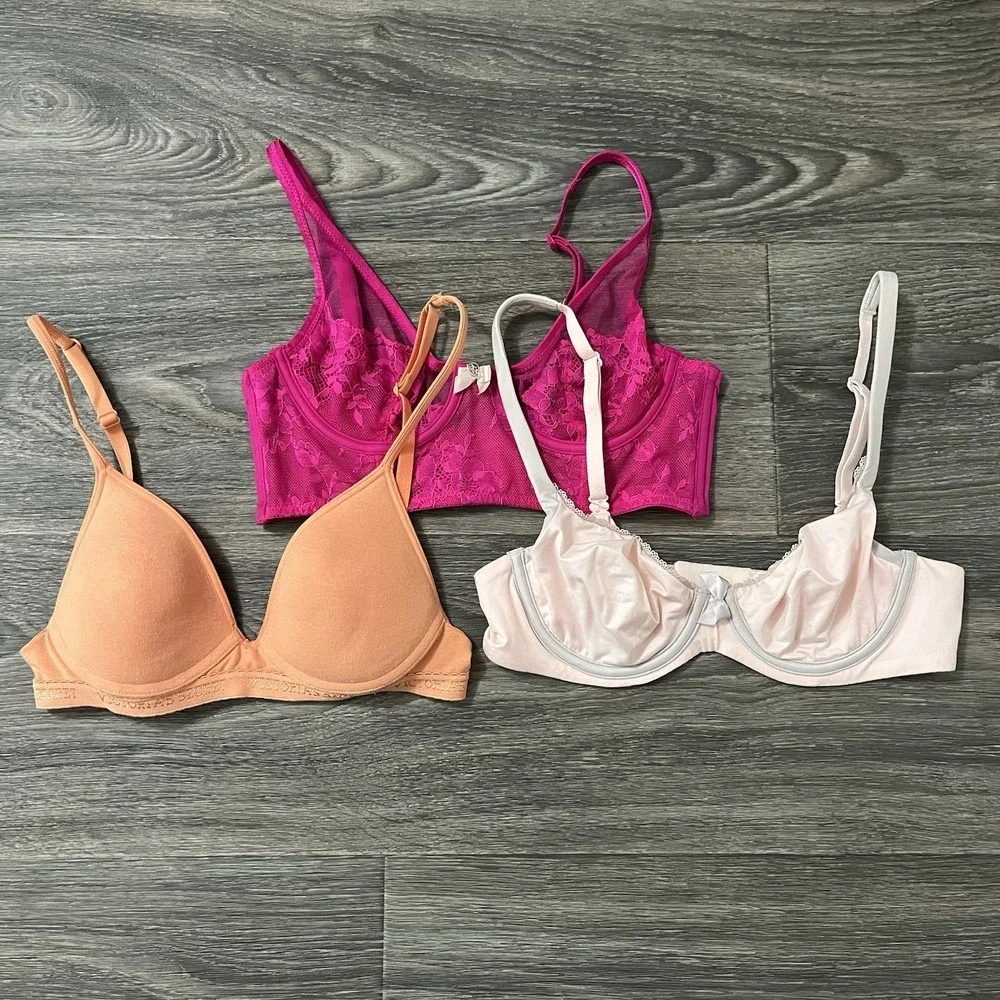 Lot Of 3 Victorias Secret Bras Sz 32B Pink Push-up Pink Underwire Orange Molded